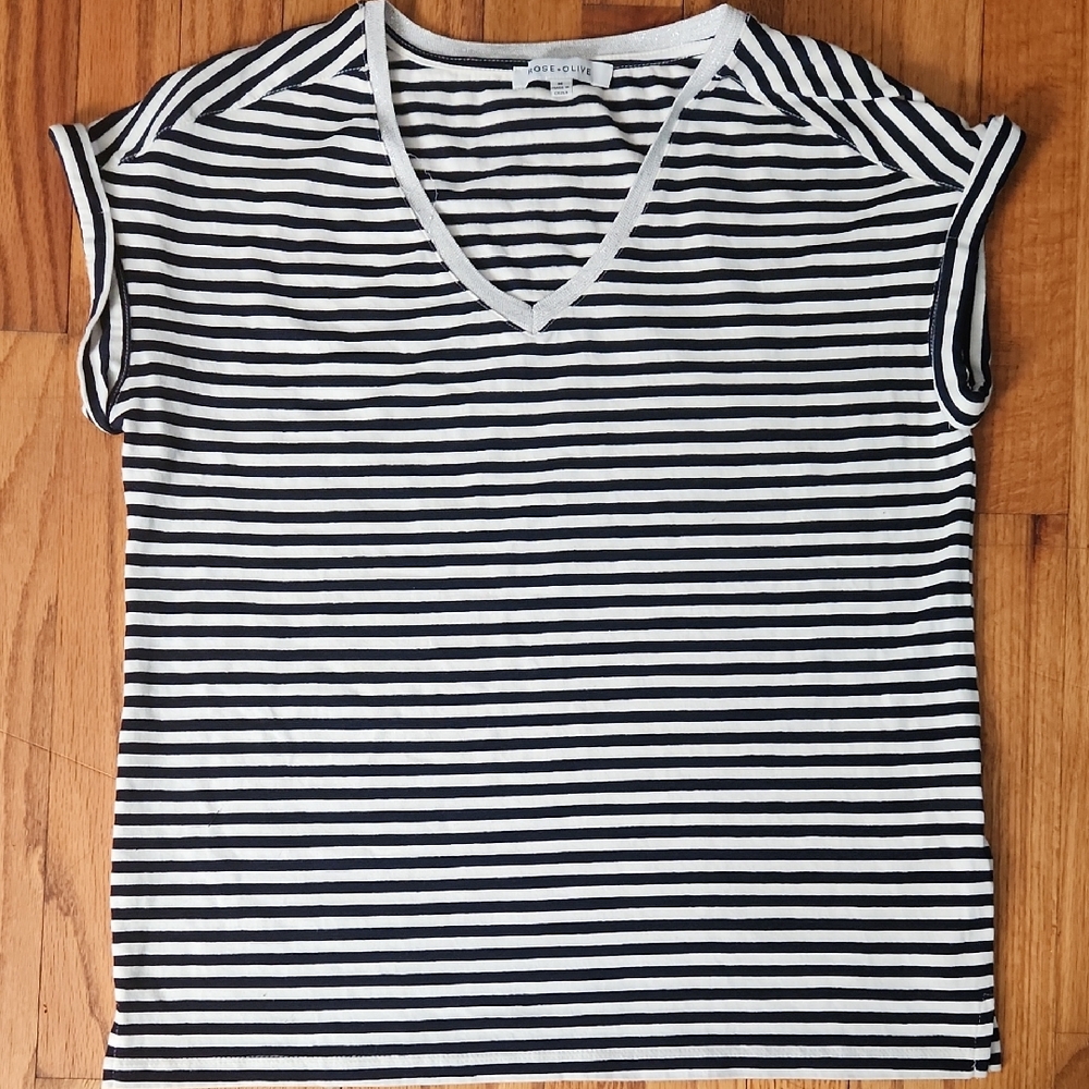 GUC Womens Rose + Olive Black/ White Striped Cap Sleeve Shirt Medium